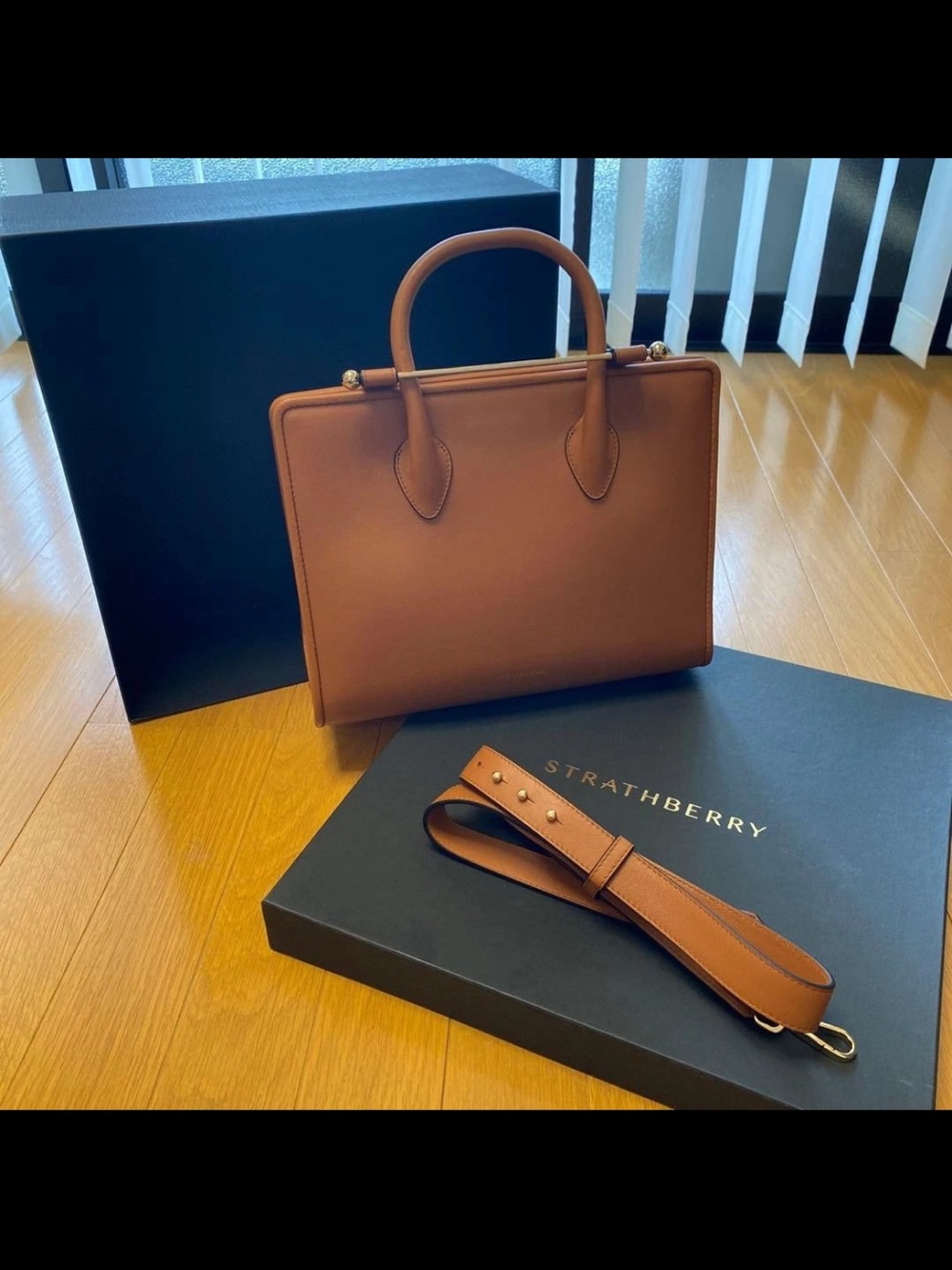 Strathberry Tan Leather Structured Top-Handle Tote with Detachable Strap